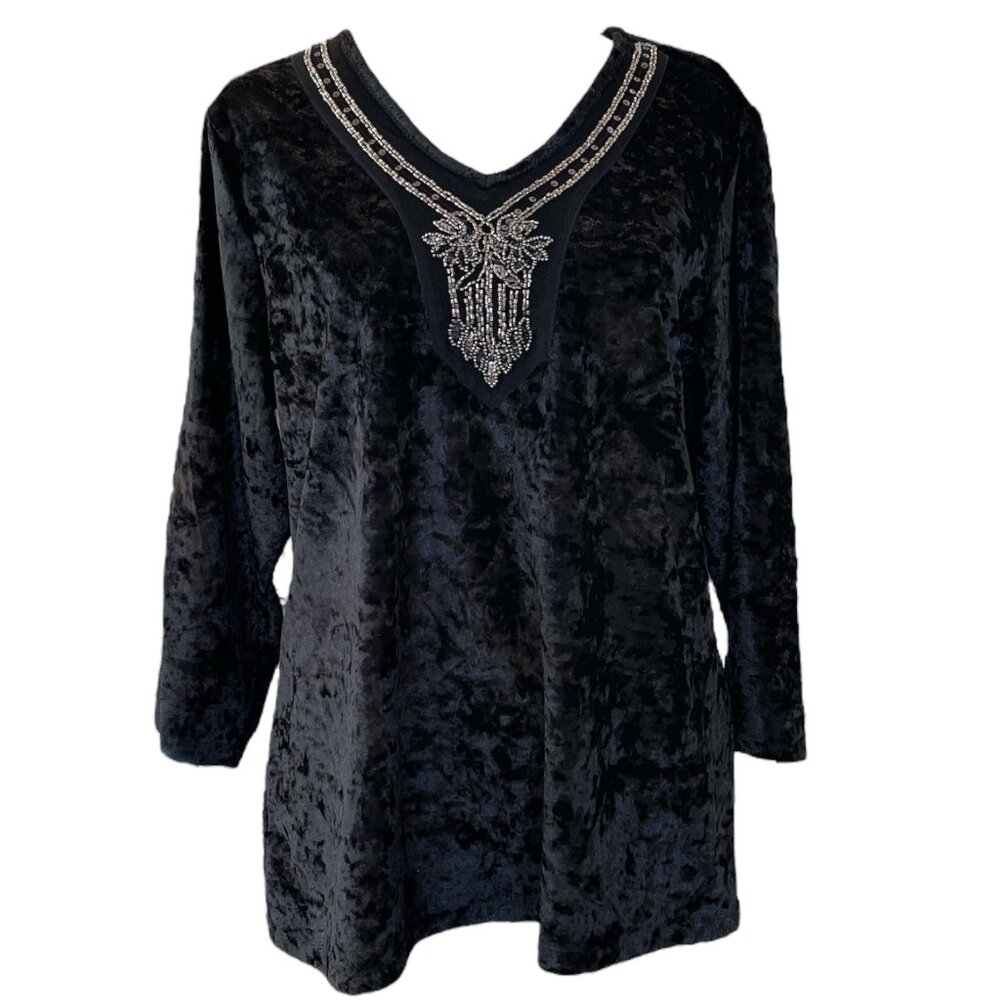 Christopher & Banks Black Crushed Velour Slit 3/4 Sleeve Bead & Sequins Top